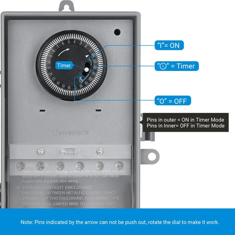 Close-up of Beefy Outdoor Mechanical Pool Pump Timer Box 40A 120 to 277 VAC dial showing timer settings and indicators.