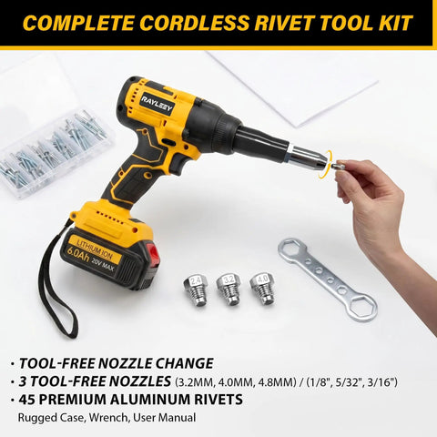 Real Deal Brushless Cordless Rivet Gun Built Tough For Pro Contractors Who Want A Smooth Operator Power Tool in a complete kit with nozzles.