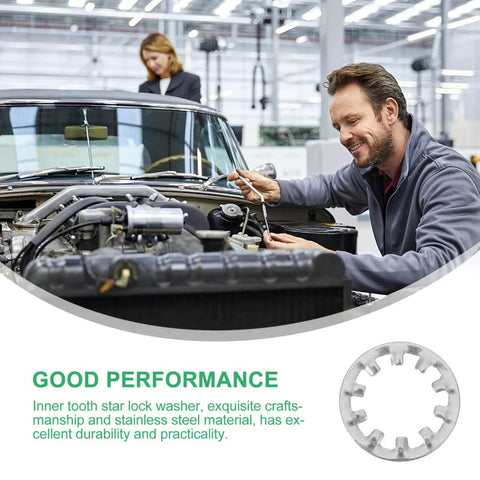 Mechanic using Internal Tooth Lock Washers Stainless Steel Set 300 Piece Assortment Silver Star Serrated Washers on car engine