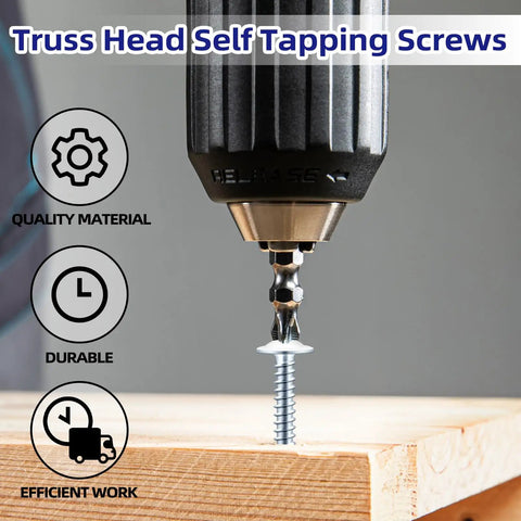 Dang Solid Number 10 By One Half Inch Sheet Metal Screws 100 Pack Zinc Plated Steel self tapping screw in wood, close up.