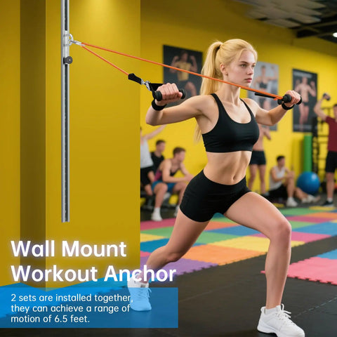 Heavy Duty Adjustable Wall Mount Anchor Platform For Resistance Bands Featuring 35 Custom Locking Positions To Level Up Your At Home Gym Setup And Crush Each And Every Rep with woman using bands.