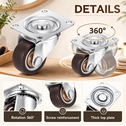 12 Pack Brown Mini Swivel Caster Wheels Compact 0.5 Inch Diameter 360 Degree Rotating Turntable Glides for light storage drawers bins.