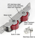 4 Pack Badass Sliding Window Roller Pulleys With Screws Double Wheel Stainless Steel Nylon Tough As Nails Fits 14mm Track Smooth Glide Push Pull Quick Fix detailed view showing components.