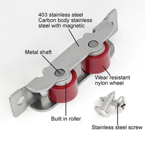4 Pack Badass Sliding Window Roller Pulleys With Screws Double Wheel Stainless Steel Nylon Tough As Nails Fits 14mm Track Smooth Glide Push Pull Quick Fix detailed view showing components.