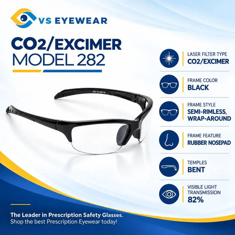 Badass Laser Safety Glasses With Co2 Excimer Filter Black Semi Rimless Wrap Around Frame side view with rubber nosepad and bent temples