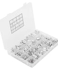 Open box with Aluminum Rivet Nut Assortment Kit, 300 Pieces, Threaded Inserts for Metal Plates and Tubes, SAE and Metric Sizes.