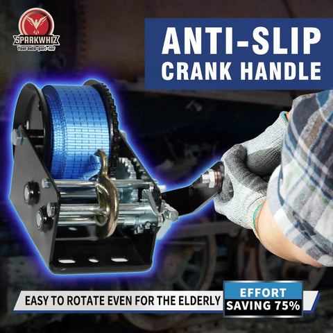 Beefy Heavy Duty Hand Winch for Boat Trailers 3500 Lbs With 33 Ft Polyester Strap Two Way Ratchet Easy Crank Winch in use