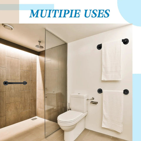 Tough As Nails 4 Pack Bathroom Grab Bars In Satin Black 20 Inch Long 304 Stainless Steel mounted in modern bathroom with towels.