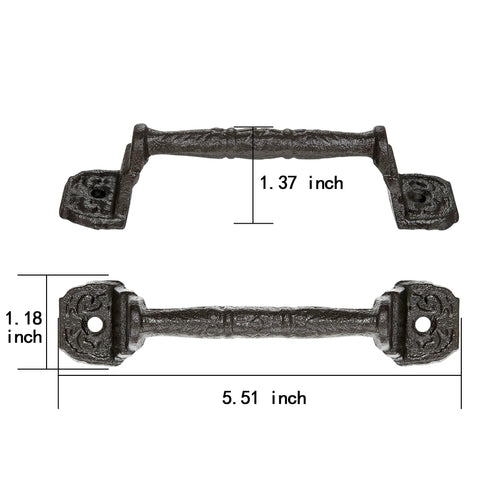 Sliding Barn Door Handles Set Of 4 In Dark Brown Cast Iron With Vintage Rustic Finish, shown in dimensions, 5.51 inch length