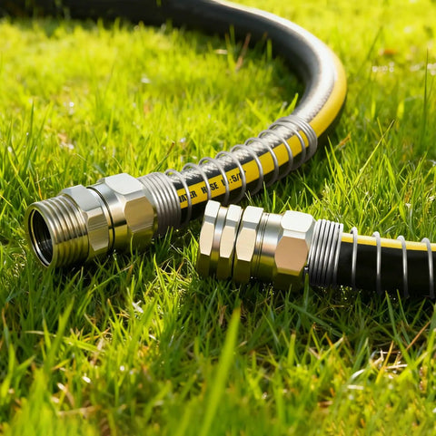 Solid Brass Five Eighths Inch Garden Hose Repair Kit With Spring Guard, heavy duty male and female ends on grass lawn