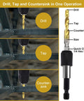 All In One Drill Tap Set With Quick Change Adapter 13 Piece Kit for drilling, tapping, countersinking metal with quick change adapter.