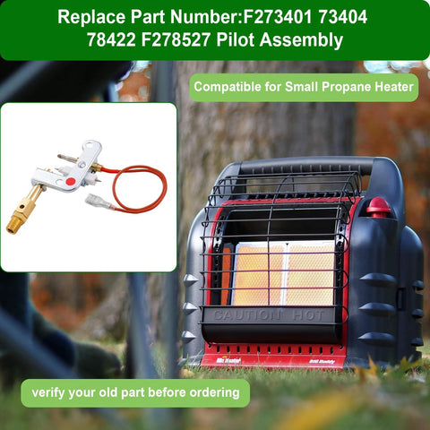 Replacement pilot assembly with red wire and brass connector, shown beside a portable Mr Heater Buddy space heater.