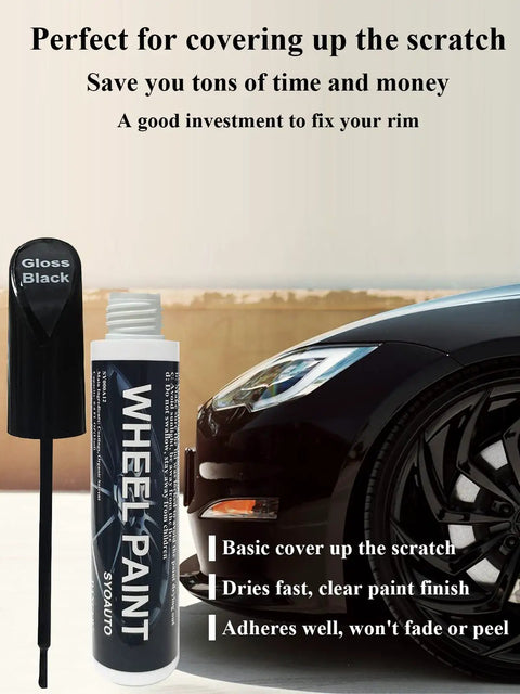 Gloss Black Wheel Touch Up Paint Pen For Quick Car Rim Scratch And Rock Chip Repair Universal Auto Refinish Marker on a car.