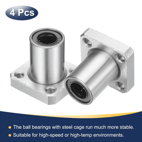 Pro Grade Lmk8Uu Linear Ball Bearings With 8Mm Bore And 15Mm Outer Diameter showcasing four chrome steel bearings with square flange.