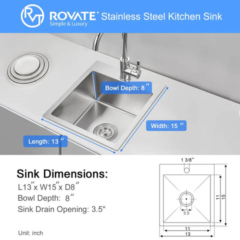 21.6 Inch Drop-In Topmount Kitchen Sink, Built Like A Beast From 304 Stainless Steel, showing dimensions and sink view
