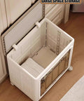 Sturdy Foldable Plastic Storage Bin With Secure Lid And Heavy Duty Rolling Wheels For Coats Blankets Everyday Duds And Hassle Free Home Gym Or Dorm Room Organization, showing interior with cozy blanket.
