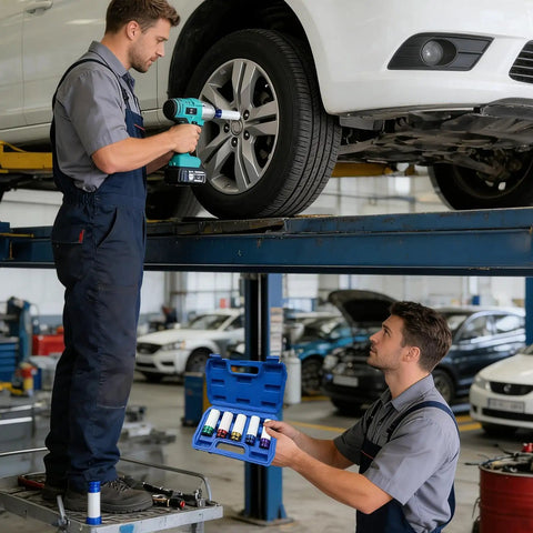 Mechanics using Easy-Grip Thin Wall Wheel Nut Socket Set - 5-Piece Kit for tire maintenance on car in garage