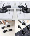 Two Pack 6 Inch Adjustable Granite Seam Setter With Strong Suction Cups For Stone Marble And Glass Slab Installations Tile Countertop Seam Leveling Tool With Durable Metal Handle And Pro Grade Ergonomic Grip For Quick Dialed In Setups shown in use, leveling marble and stone slabs.