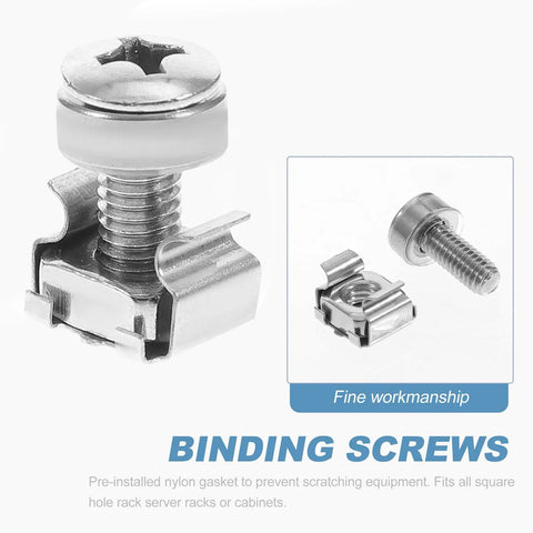 Pro Grade Heavy Duty 16 Pack M6 Rack Mount Screws And Cage Nuts For Server Cabinets, stainless steel binding screws with nylon gasket.