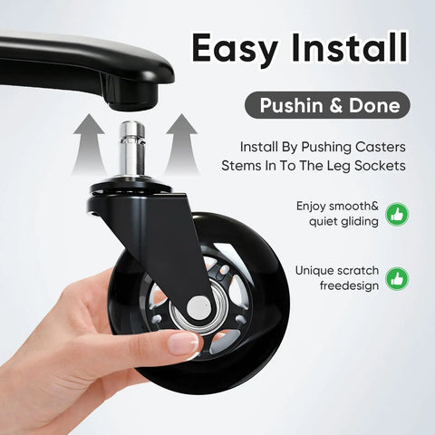 Top Shelf Replacement Office Chair Wheels Universal 3 Inch Heavy Duty Caster Tires with a hand installing a wheel with push-in design.