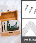 10 Pack Silver Tone Drop Down Lid Hinges With Lid Stay Support For Flap Doors And Cabinets next to wooden box and screws