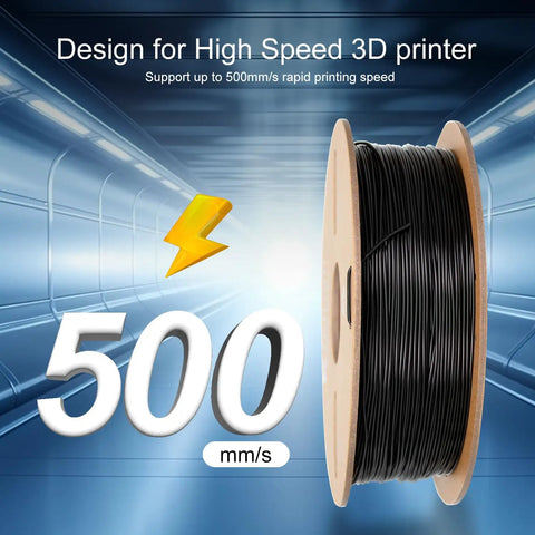 High Speed Pla Plus Filament 1.75MM Rapid Printing Up To 600MM S Black 1KG Spool showing 500 mm/s printing speed.