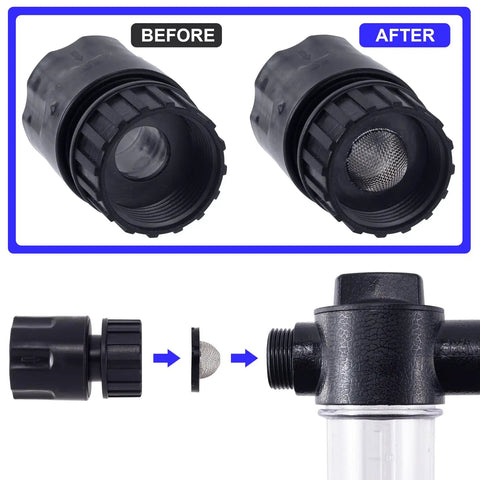 Before and after comparison of eight pack stainless steel hose filter washers with screen strainer for three quarter inch garden hose.