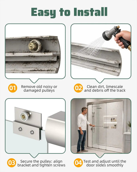 Heavy Hitter Sliding Shower Door Rollers Replacement Kit With Silky Smooth Nylon Wheels and Heavy Duty Brass Shafts installation steps overview