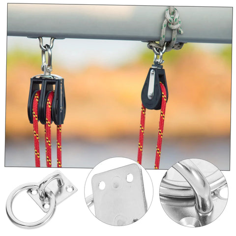 Heavy Duty Stainless Steel Pad Eye Plate Hook Ring Ceiling Mount Anchor For Hammocks Boats And Trailers 4 Inch Size Indoor Outdoor Use Durable Ceiling Anchor For Secure Load And Stable Mounting shown with ropes and pulley system.