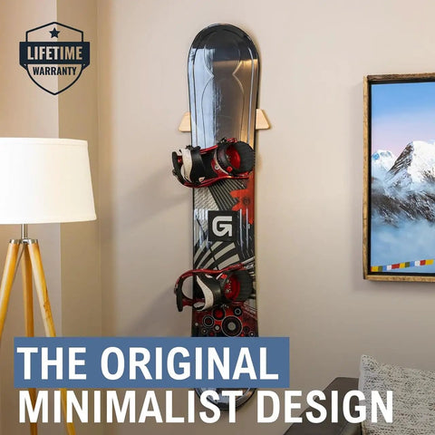 Sturdy Solid Wood Snowboard Rack Wall Mount For Home Or Garage Featuring Adjustable Width And Tight Grip Supports Holding Up To Thirty Pounds Hella Smooth Gear Storage with snowboard and bindings in home setting.
