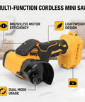 Heavy Duty Portable Three Inch Cordless Angle Grinder And Mini Circular Saw Featuring Badass Brushless Motor Dual Mode Setup For No Sweat Wood Metal Tile Cutting Jobs, showcasing cordless mini saw with brushless motor and lightweight design.