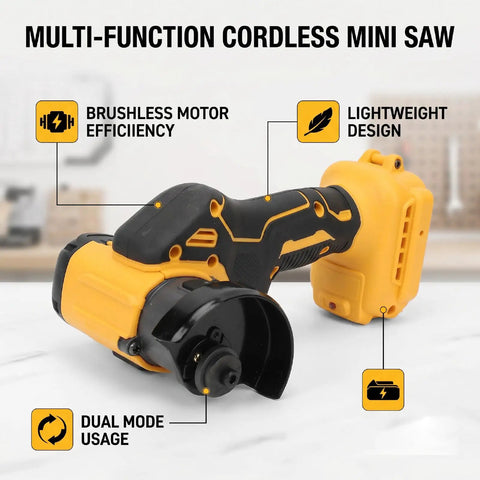 Heavy Duty Portable Three Inch Cordless Angle Grinder And Mini Circular Saw Featuring Badass Brushless Motor Dual Mode Setup For No Sweat Wood Metal Tile Cutting Jobs, showcasing cordless mini saw with brushless motor and lightweight design.