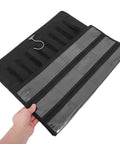 Double Sided Jewelry Hanging Storage Organizer Bag For Closet With Pouch Keeps Watches Ties Hair Accessories Locked Away For Hella Neat Dresser Vibes Forever, showing open black fabric with clear pockets.