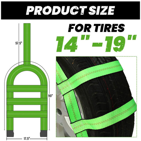Tow Dolly Basket Harness 2 Pack, Heavy Duty Tire Net Cover, product size illustration for 14 to 19 inch rims, green polyester webbing.