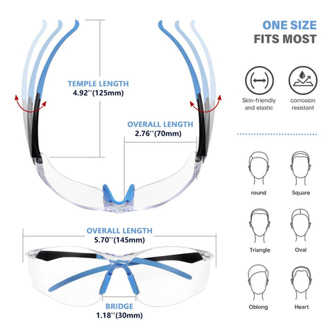 Top Shelf Six Pack Safety Glasses Delivering Unbeatable Uv Defense Ansi Z87 Approved showing temple length and fit measurements.