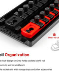 Three Eighths Inch Drive Hex Bit Socket Set With Rails And Tray Nineteen Piece Inch And Metric Sockets, twist-to-lock rail system