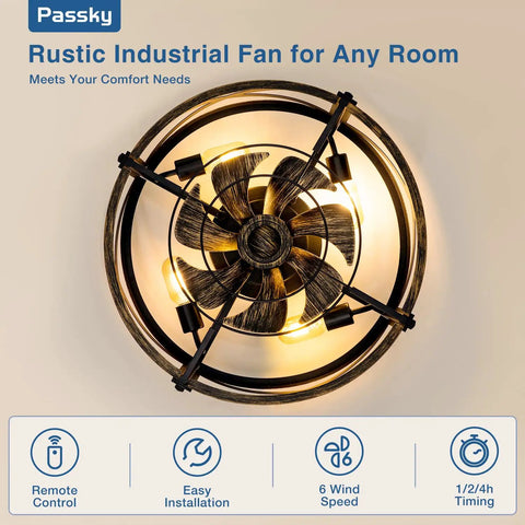 20 Inch Farmhouse Flush Mount Ceiling Fan With Lights And Remote, Industrial Black Cage Fandelier top view