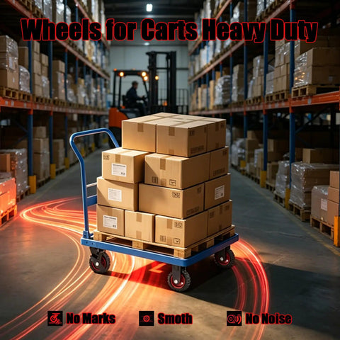 Five Inch Heavy Duty Caster Wheels Set Of Four All Terrain Swivel Casters With Locking Brakes Tough As Nails Steel Core Solid Rubber Wheels for loaded cart in warehouse.