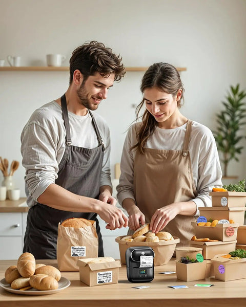 Bluetooth Portable Label Printer For Small Biz Fast Thermal Label Maker For Barcodes Addresses Clothing Pricing Mail Jewelry Cables And More Works With Phone And PC visible on kitchen counter