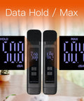 Pocket Decibel Meter With LCD Display, Max Data Hold And Battery Indicator, Reads 30 To 130 dBA, Rechargeable SPL Noise Monitor For Home, Office, Or Noisy Neighbors, Handy Sound Level Meter For Quick Real Time Readings showing hold and max screens