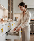 Mid Century Modern L Bar Cabinet Knobs Solid Milled Aluminum Sunflower Yellow Matte Drawer Pulls For Kitchen And Bathroom Cabinetry Built Like A Tank For Daily Use in a modern kitchen setting.