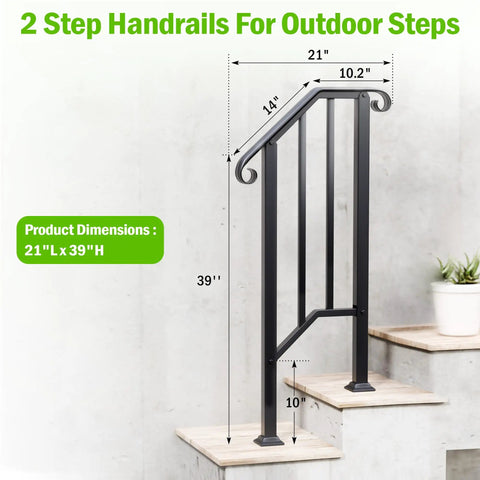 Two Pack Heavy Duty Outdoor Stair Handrails, Wrought Iron Step Guards With Quick Mount Kit, Hella Sturdy Security Railing For Porch Deck And Concrete Entrance, Matte Black, showing dimensions on outdoor steps.