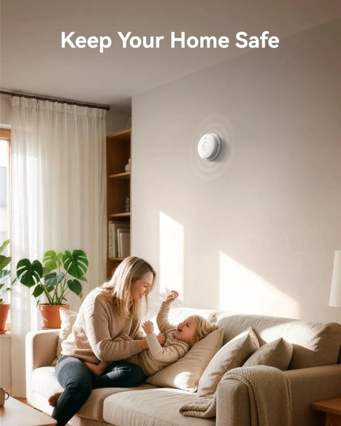 No Sweat Setup Photoelectric Smoke Detector And Hardwired Fire Alarm With Interconnected Wiring And 9V Backup Keeping Your Pad Secure All Night Long installed on wall in home with mother and child.