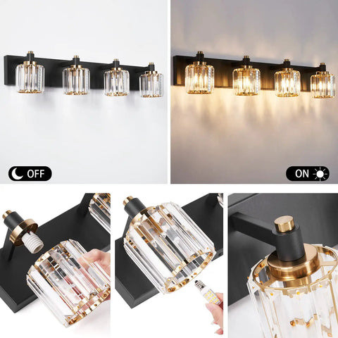 Modern Crystal Vanity Light Fixture For Bathroom Four Light Bar In Black And Gold Finish E12 Bulbs Up To 60W Dimmable And Non Dimmable Compatible 27.55 Inch Long By 4.33 Inch Wide Wall Mount Bath Lighting