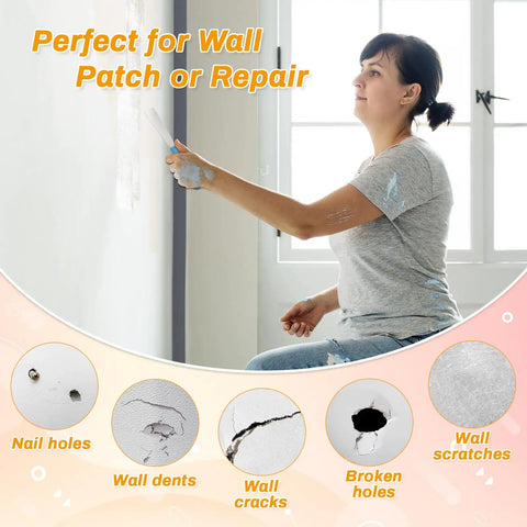 Drywall Repair Kit With 12 Oz White Putty Filler And Spatula For Patching Holes And Cracks An Easy Foolproof Fix Perfect For Your Walls No Drama Cleanup Fast Dry Formula in use, smoothing filler on wall.