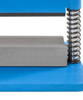 Close-up of Versatile 12 Inch Press Brake Attachment Kit for 12 to 20 Ton Hydraulic Shop Presses, blue with metal components.