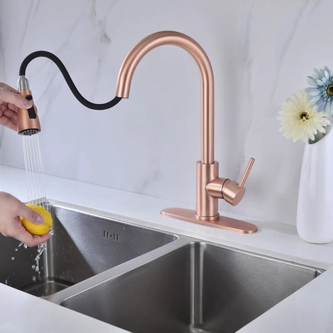 Copper Rose Gold Kitchen Faucet For Deck Mount With Three Way Spray Pause Setting Lead Free 304 Stainless Steel Single Handle Easy