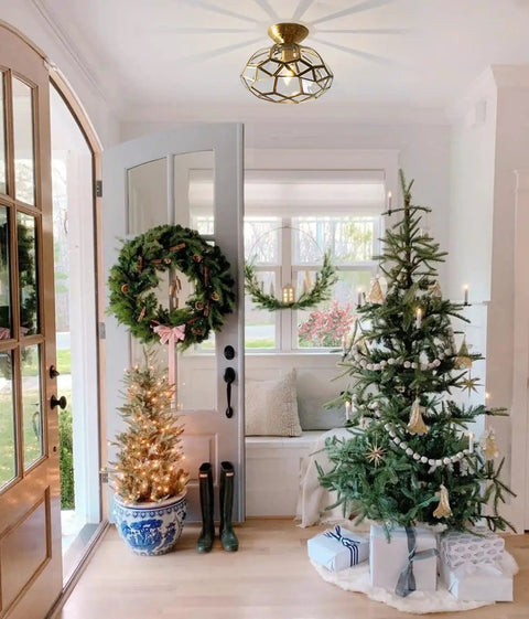 12 Inch Vintage Brass Semi Flush Mount Ceiling Light With Diamond Glass Dome Gold Copper Finish in a festive entryway