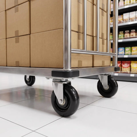 4 Pack 3 Inch Nylon Pulley Wheels Heavy Duty Track Rollers For Trailer Jack And Hand Cart Replacement on a hand cart with boxes.