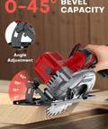 Six Inch Cordless Mini Circular Saw With Brushless Motor And 5900 RPM Blade Compatible With Milwaukee M18 Battery cutting at a 45-degree angle.